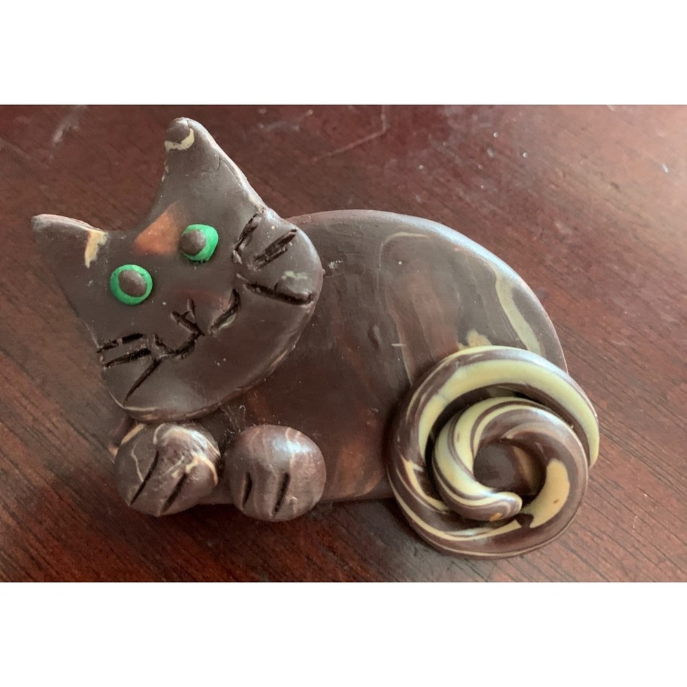 Handmade Clay Brown Cat Brooch Whimsical has a little spot onโ the ear.